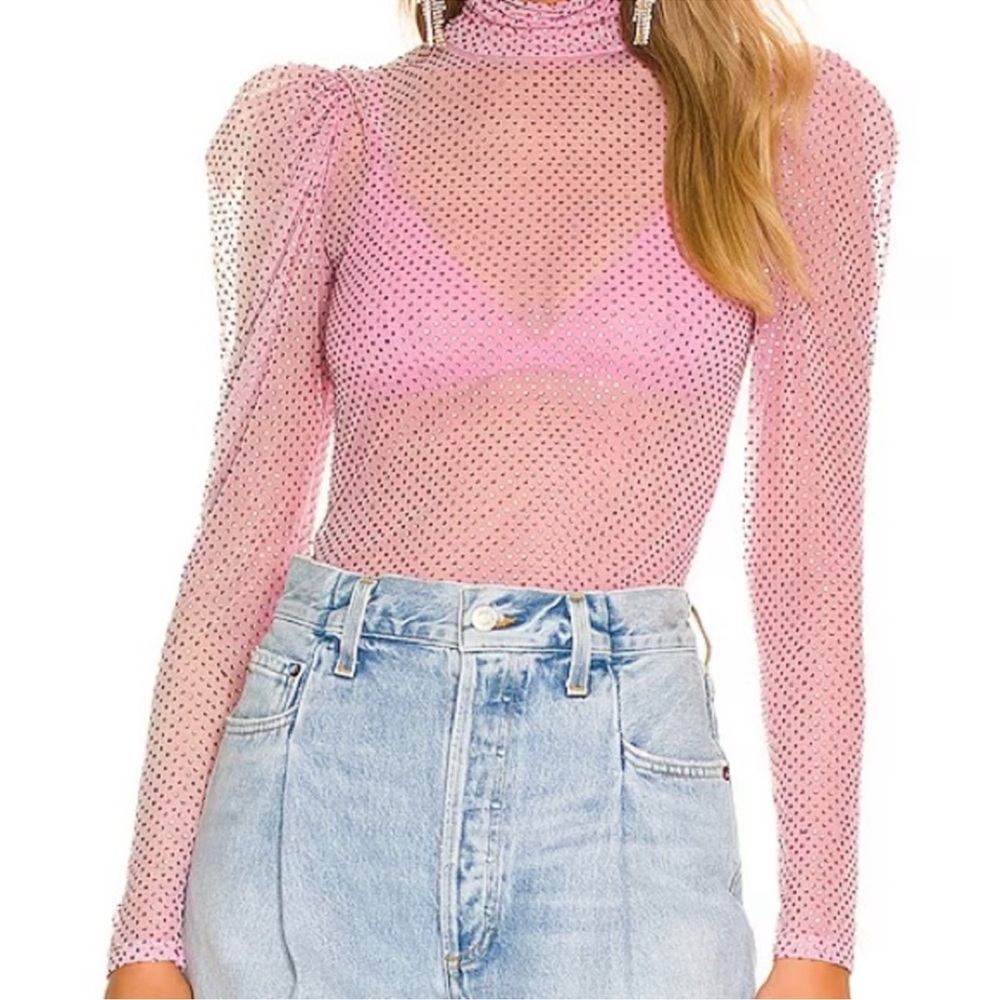 For Love and Lemons Pink Mesh Rhinestone Women's Top